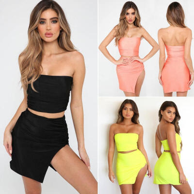 

Womens 2Pcs Outfits Bodycon Crop Top Mini Skirt Set Bandage Dress Party Clubwear