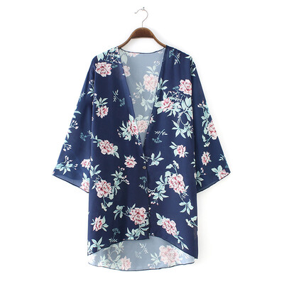 

New Women Chiffon Kimono Floral Print Casual Loose Cardigan Beach Cover-Up Outerwear Blue