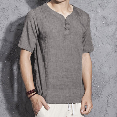 

Toponeto Mens Linen Short Sleeve Solid Color Crew Neck Loose Casual T Shirt Blouse