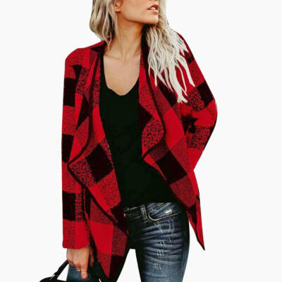 

Plaid Irregular Cardigan Tops Lapel Woolen Coats Autumn Women Loose Outwear