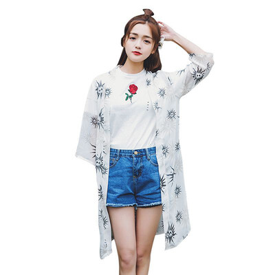 

blusas mujer de moda Womens Blouse Mid-Length Chiffon Print Sun Protection Clothing Seven-Point Sleeve Holiday Cardigan