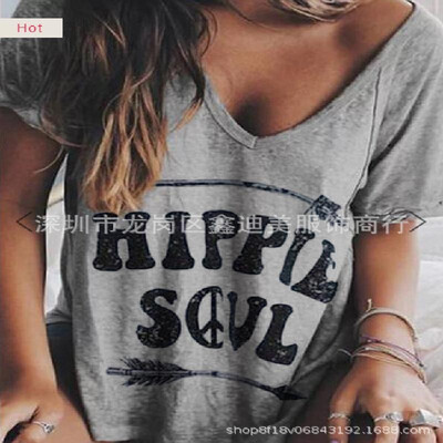 

2019wish Amazon Europe&the United States explosion models printed V-neck short-sleeved fashion T blood gray