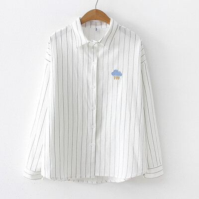 

Starmoon Fashion Women Top Stripe Lapel Shirt Weather Printing Long Sleeve Loose Blouse