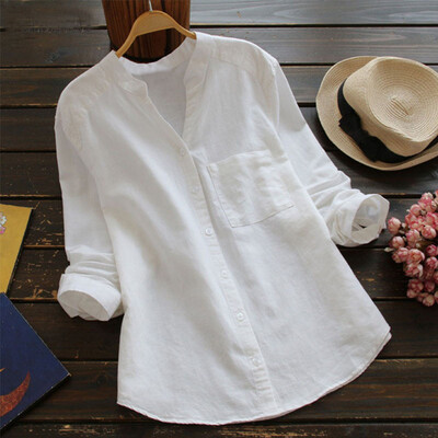 

Nomeni Women Cotton linen Casual Solid Long Sleeve Shirt Blouse Button Down Tops