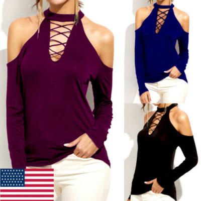 

Womens Cold Shoulder Blouse Shirt Casual Long Sleeve Halter Neck T-Shirts Tops