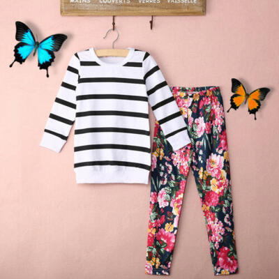 

UK Stock Kids Baby Girls Clothes Striped Tops T ShirtFloral Leggings Outfit Set
