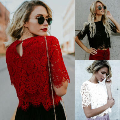 

Fashion Women Loose Short Sleeve Tops Blouse Hollow out Lace Casual Tops T-Shirt