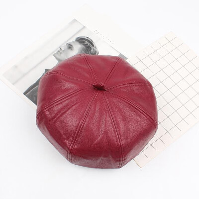 

New Fashion Women Autumn Winter PU Leather Berets Hats Solid Color Round Crown Painter Hat Faux Leather Beanie Cap Headwear