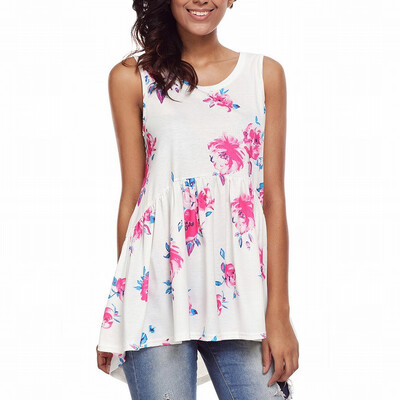 

Round neck sleeveless floral print short short long casual straight top