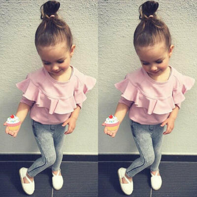 

UK Kids Newborn Baby Girl Contton long Sleeve Denim Trousers Winter Clothes 2PCS