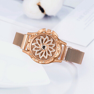 

RM 360 Degree Rotating Fashion Diamond Dial To Run Ladies Quartz Mesh Belt Watch