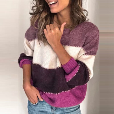 

Women Striped Jumper Top Cardigan Color Block Sweater Baggy Long Sleeve Pullover