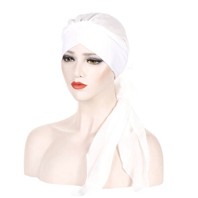 

Summer Pure Color Muslim Bonnet Hijab Forehead Cross Chiffon Long Tail Turban Hat Chemo Cap Head Scarf