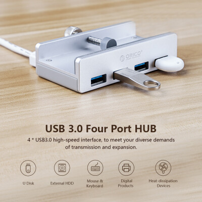 

ORICO MH4PU-SV Aluminum Alloy 4 Ports USB 30 Clip-type HUB 5Gbps For Desktop Laptop Clip Range 10-32mm With 100cm Date Cable Silv