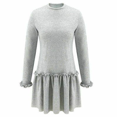 

Fashion Womens Solid Long Sleeve Shirt Dress Ladies Holiday Autumn Ruffle Dress