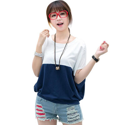 

Large Size Splicing Color Loose Tee Tops Women Short Batwing Sleeve T-shirt