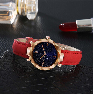 

〖Follure〗Simple And Stylish Luxurious Starry Dial Convex Mirror Leather Strap Watch