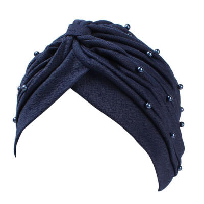 

Women Turban Hat Faux Pearl Pleated Muslim Hijab Stretch Cap Chemo Head Scarf