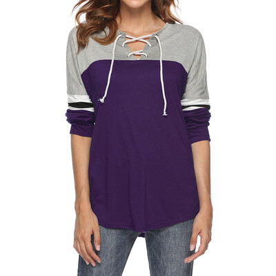 

Nomeni Women Casual Long Sleeve Solid Color Blocking Striped V-Neck Blouse tops