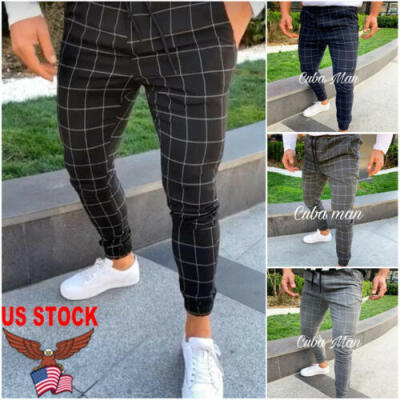 

US Mens Slim Fit Plaid Straight Leg Trousers Casual Pencil Jogger Casual Pants