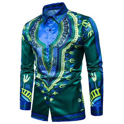 

Turndown Collar Tribal Print Color Block Shirt