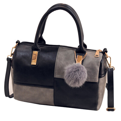 

Lady Pompom Pendant Color Block Faux Leather Tote Handbag Crossbody Shoulder Bag