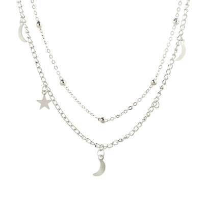 

Women 2 Layer Star Moon Choker Necklace Simple Gold Silver Color Multilayer Necklace For Women