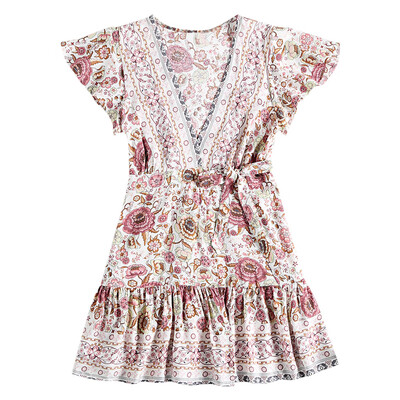 

V Neck Short Sleeve Floral Print Pleated A-line Tied Strap Women Wrap Dress