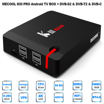 

MECOOL KIII PRO Android TV BOX DVB-S2 & DVB-T2 & DVB-C Android 71 Amlogic S912 Octa-core 3GB 16GB 4K H265 VP9 Mini PC 24G