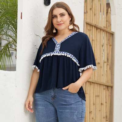 

Nomeni Women Plus Size V-neck Ball Lace Webbing Stitching Short-Sleeved Loose T-shirt