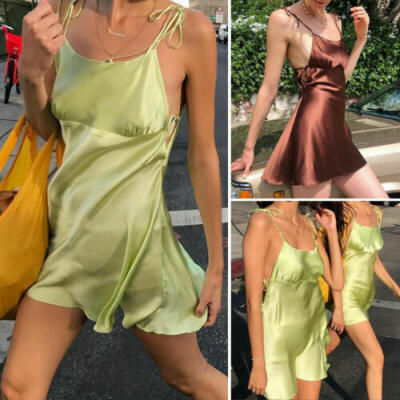 

Women Sexy Sling Satin Slip Sleeveless Short Mini Dress Evening Party Club Dress