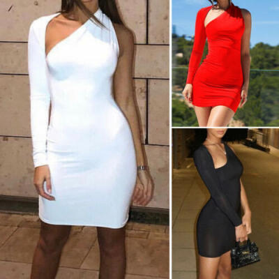 

Womens Bodycon One-Shoulder Long Sleeve Short Dress Party Evening Mini Dresses
