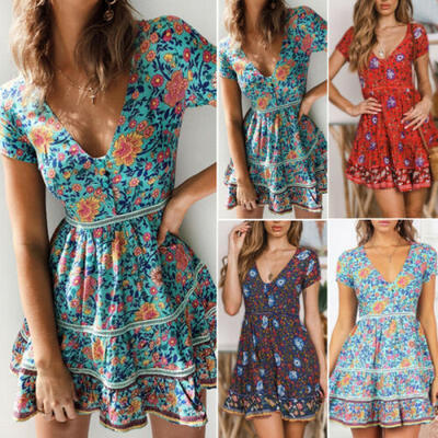 

Womens Floral Summer Party Skater Boho Beach Short Mini Dress Cocktail Sundress