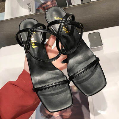 

Summer European&American word buckle thick-heeled sandals womens black high heels Joker fresh open toe womens shoes
