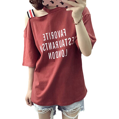 

Women sexy off shoulder Loose T Shirt Harajuku Korean Style Letter Printed Female white basic Tops Females T-Shirts