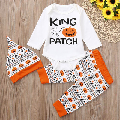 

Newborn Baby Halloween Letter Pumpkin Romper JumpsuitPantsHat Set Clothes
