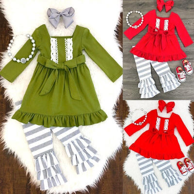 

2pcs Kids Baby Girl Autumn Outfits Clothes Tops SkirtStriped Pants Leggings Set