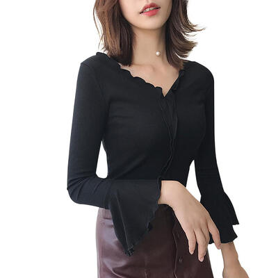 

Women T-Shirt Solid Color V-Neck Ruffled Sleeve Slim Fit Autumn Retro Tops