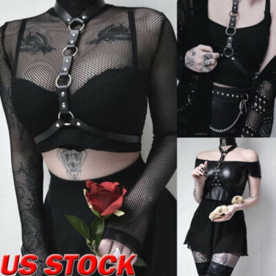 

US 2019 Women Fashion Sexy Mesh Sheer Hollow Gothic Tops Crop Shirt Belt