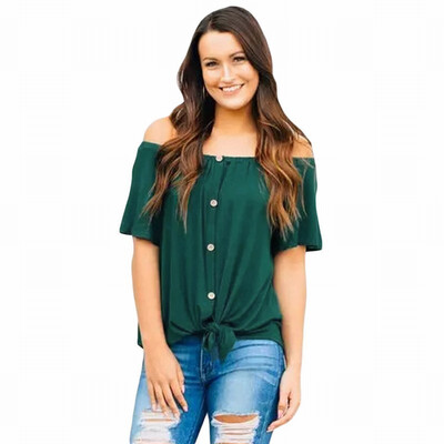 

Solid color collar short sleeve single-breasted hem knotted casual shirt womens