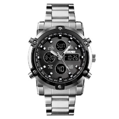 

Fashion Watch Trend Multi-functional Three Time Large Dial Business Mens Electronic Steel Band Watches BlackBlack