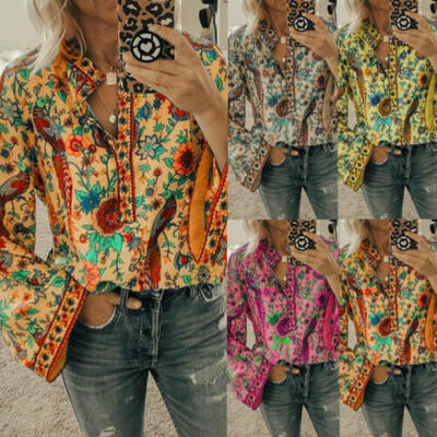 

Women Long Sleeve T-shirt Floral peacock Printed Turn Down Button T-shirt -2XL