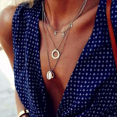 

Multilayer Crystal Cross Necklace Ladies Retro Shell Choker Necklace Round Pendant Necklaces For Women Party Jewelry Accessories