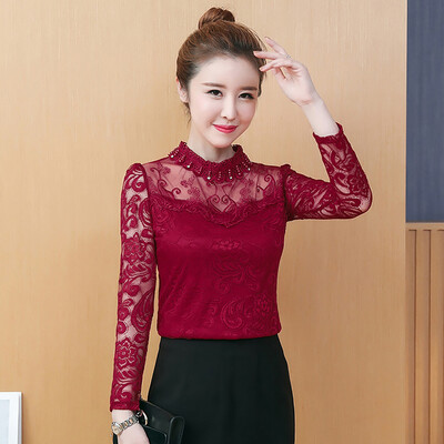 

Tailored Women Fashion Long Sleeve Sexy Turtleneck Mesh Tee Shiner Lace Tops Blouse