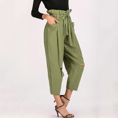 

Fashion Women Holes Harem Pants High Waist Solid Color Pleated Bow Tie Loose Trousers Streetwear
