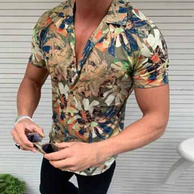 

Mens Casual Slim Fit Hawaiian Style Shirts Floral Print Tops Button Down T-shirt