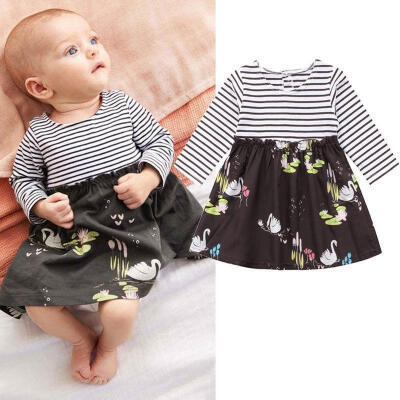 

Cute Baby Girls Infant Dress Swan Print Striped Dress Party Casual Dresses