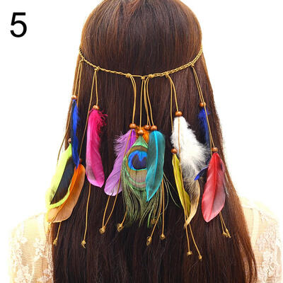 

Bohemian Women Peacock Feather Headband Braided Rope Hair Band Hippie Headdress