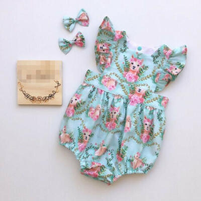 

US Blue Infant Baby Girl Floral Romper Bodysuit JumpsuitHeadband Clothes Outfit