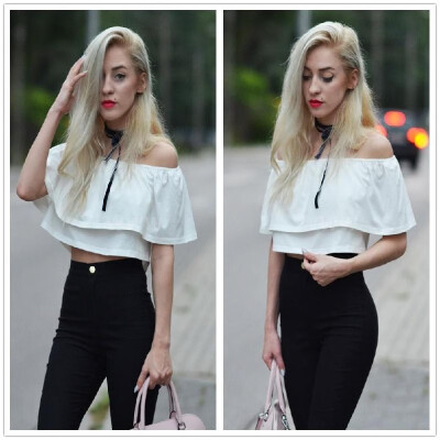

New Fashion Women Crop Top Boho Off The Shoulder Stretch Trim Frilled Overlay Solid Casual Tops Beige